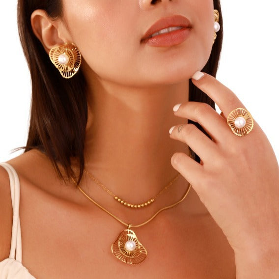 Double-layer Pearl Necklacce Three-piece jewelry set