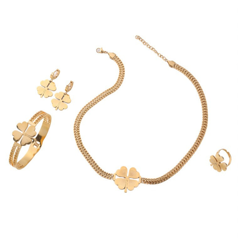 Double-chain,Four-leaf Clover Shape Four-piece jewelry set