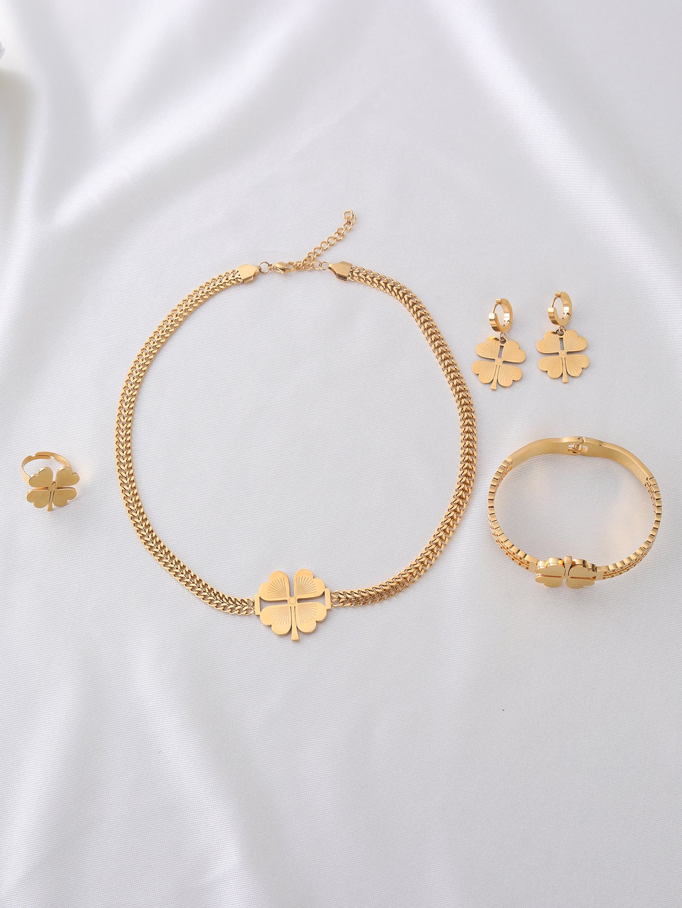 Double-chain,Four-leaf Clover Shape Four-piece jewelry set