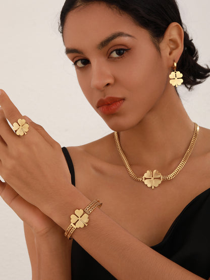 Double-chain，Four-leaf Clover Shape Four-piece jewelry set
