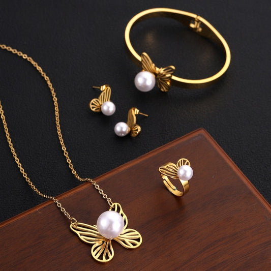 Trendy Butterfly Pearl Necklacce Four-piece jewelry set