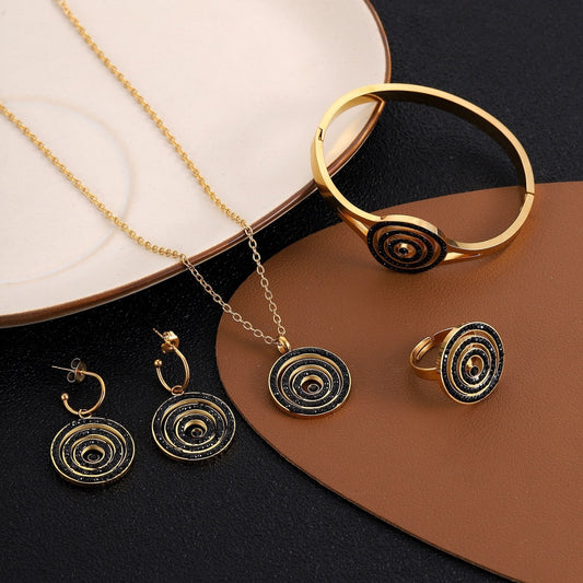 Spiral shape Long necklace Four-piece jewelry set