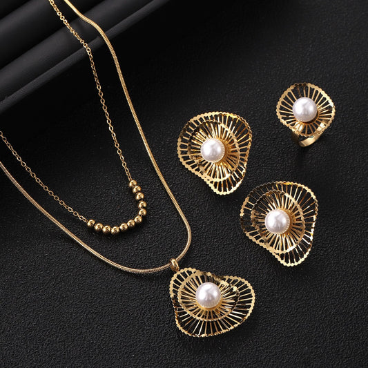 Double-layer Pearl Necklacce Three-piece jewelry set