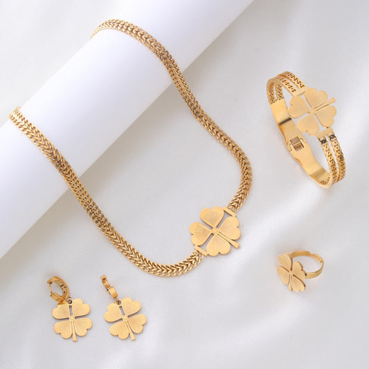 Double-chain，Four-leaf Clover Shape Four-piece jewelry set