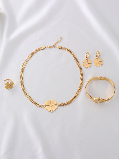 Double-chain，Four-leaf Clover Shape Four-piece jewelry set